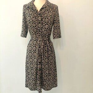 Laundry Shelli Segal Shirt Dress 8 M Black White Tan Gold Belted Button Front